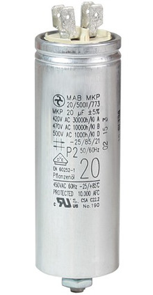 200400MBA/FL  - Operating capacitor 20 µF / 450 V, aluminium can, Flat plug